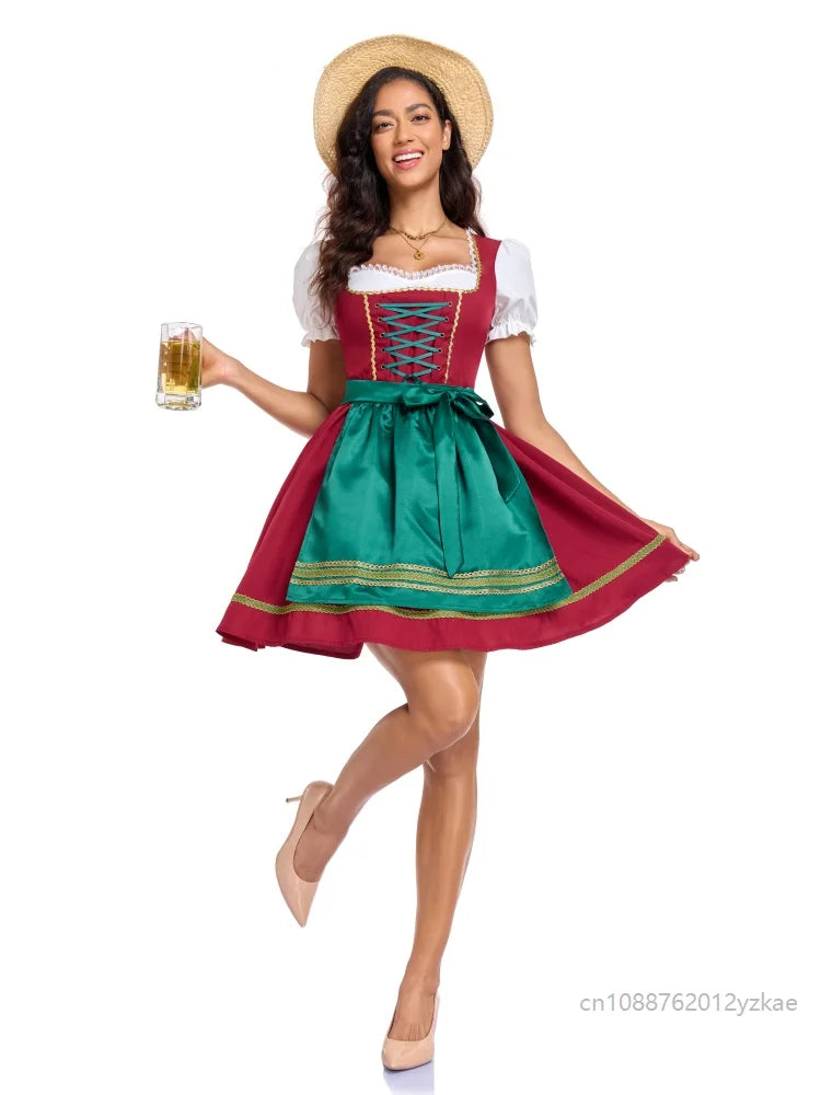 Traditionel kort rød og grøn dirndl-kjole til kvinder med korte ærmer