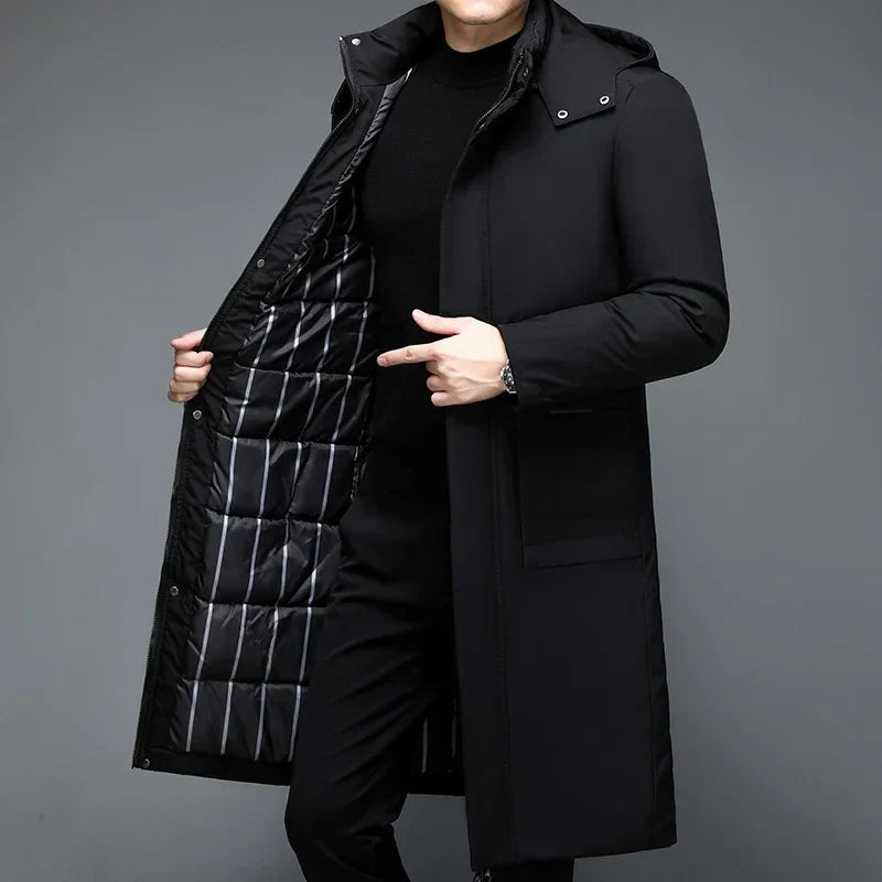 Manteau long à capuche pour homme noir matelassé uni