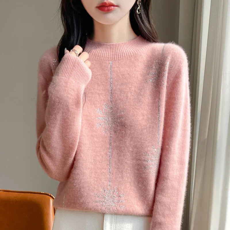 Jersey rojo de cuello alto para mujer con motivos de copos de nieve y strass, de manga larga