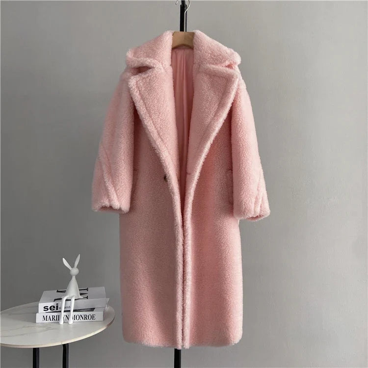 Manteau long femme teddy effet mouton marron chaud