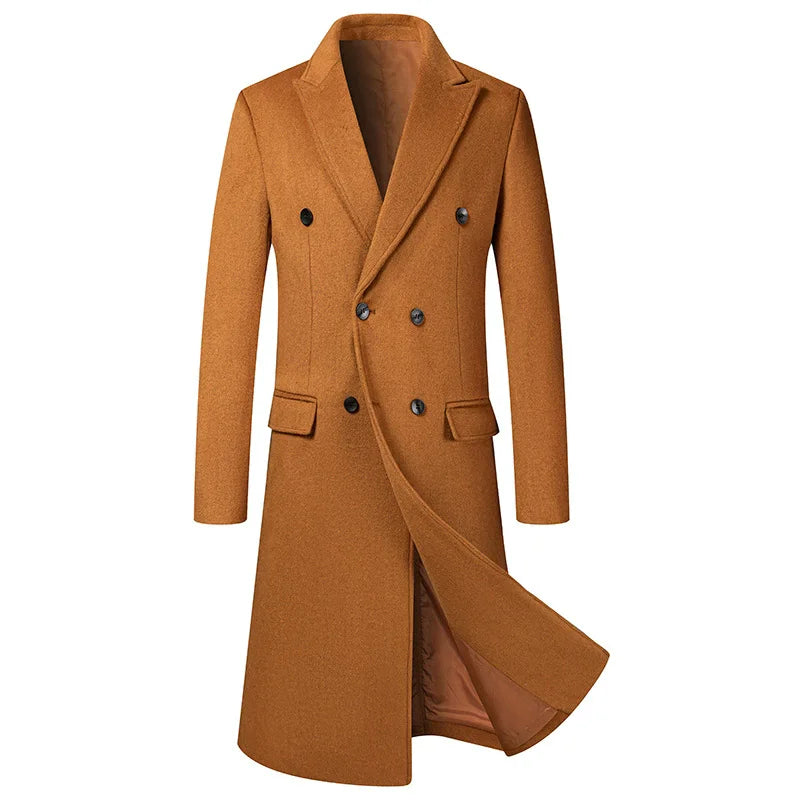 Abrigo largo gris para hombre con doble botonadura y estilo clásico