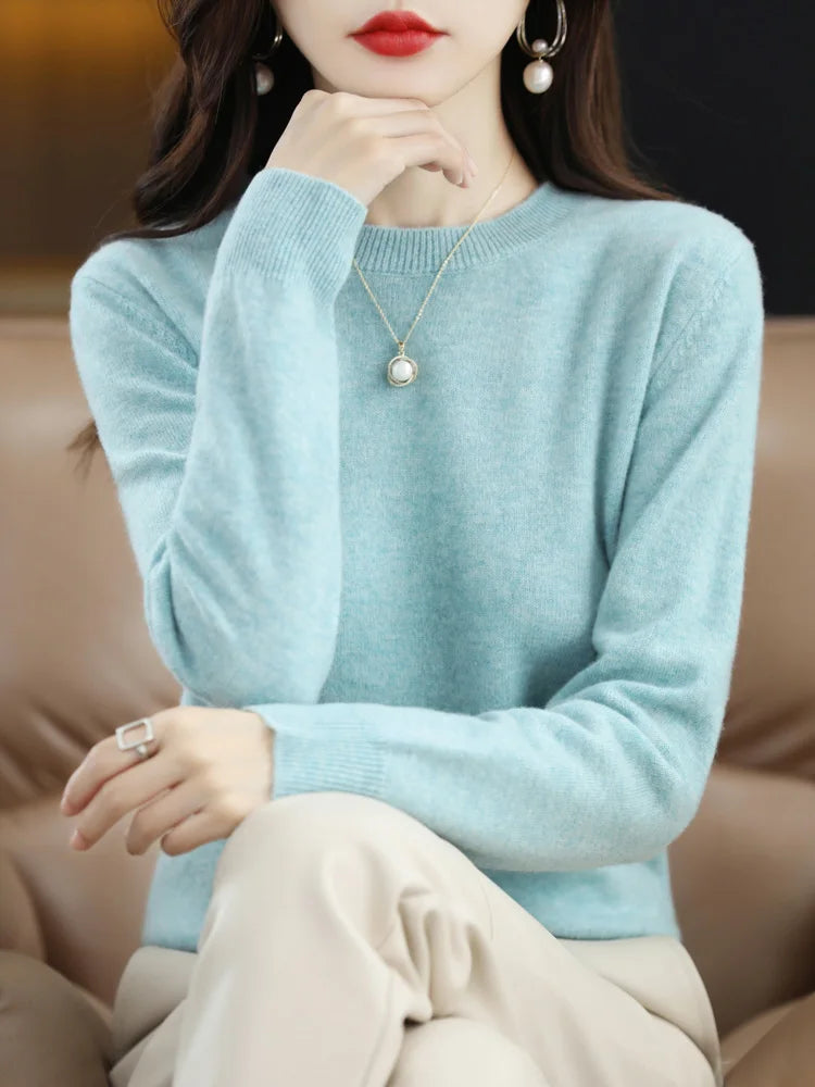 Pull col rond basique femme manches longues uni