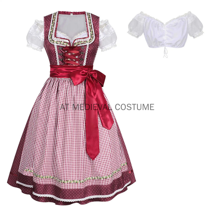 Traditionel rød og hvid dirndl-kjole med prik- og ternet mønster samt vid nederdel