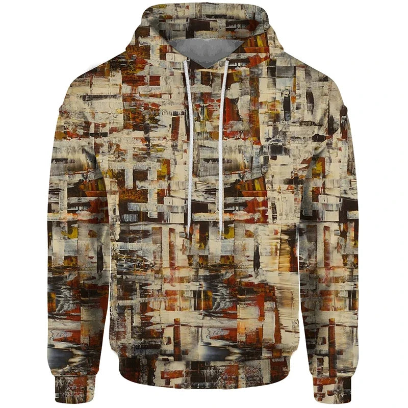 Sudadera con capucha estampada de patchwork con motivos geométricos y florales rojos y beige