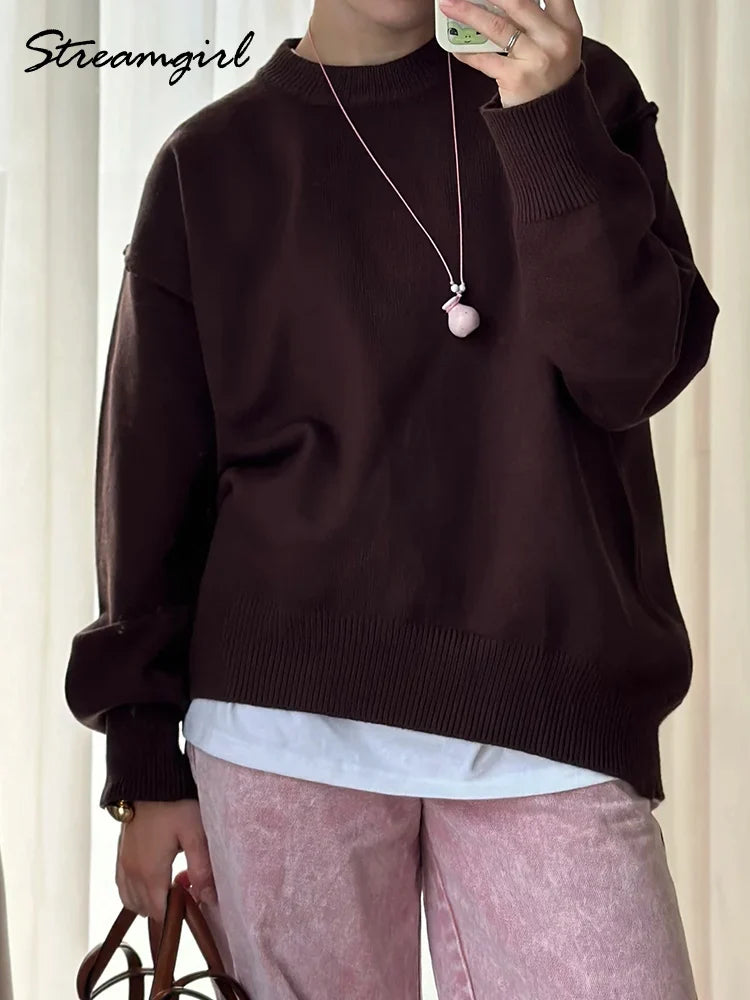 Jersey informal de manga larga y cuello redondo para mujer