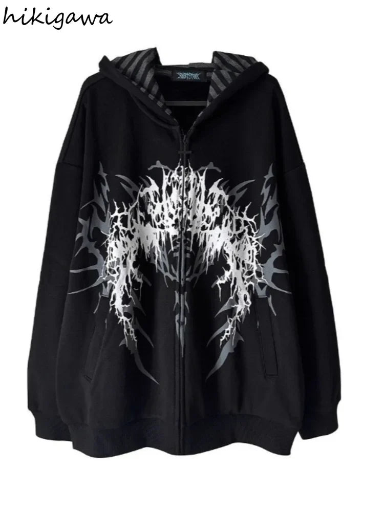 Felpa oversize nera con cappuccio, zip e stampa gotica