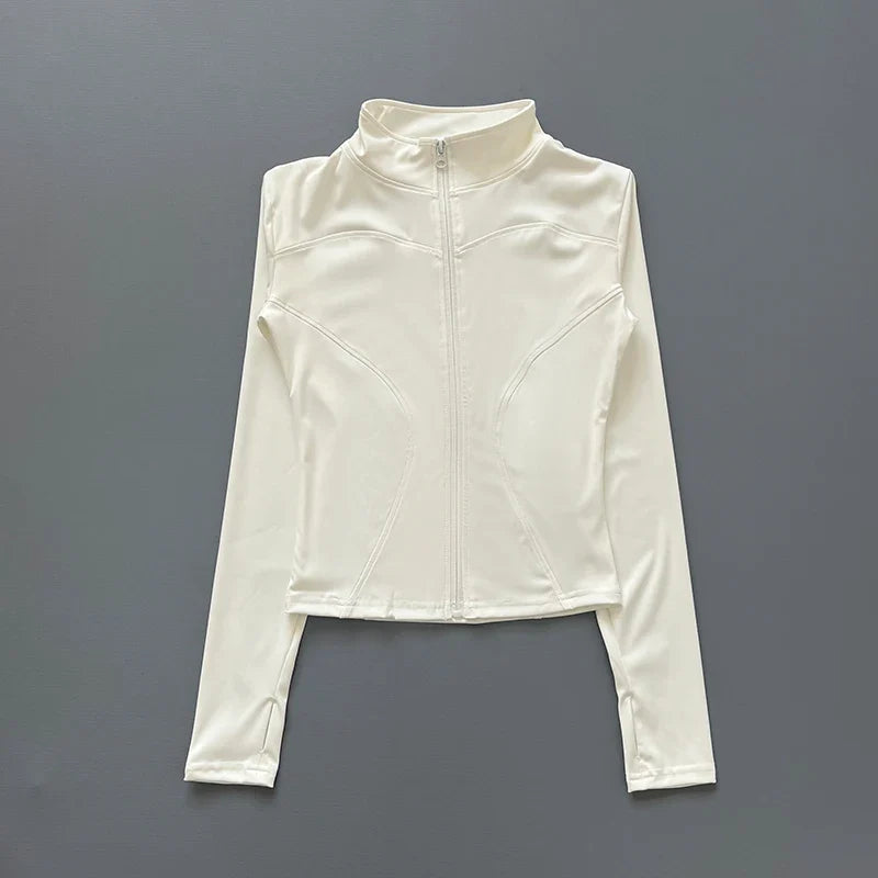 Chaqueta deportiva con cremallera para mujer, cuello alto, mangas largas y orificios para los pulgares, para entrenar