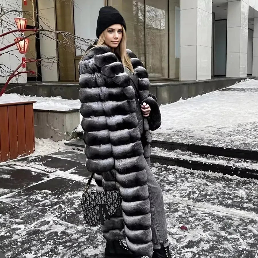 Thick, warm black-and-white striped faux-fur long coat for women