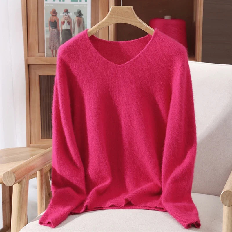 Maglione donna confortevole a collo a V, con maniche lunghe, in materiale morbido