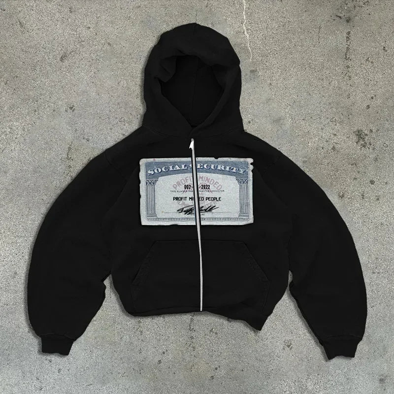 Sweat à Capuche Zippé Court Imprimé Type "Social Security"