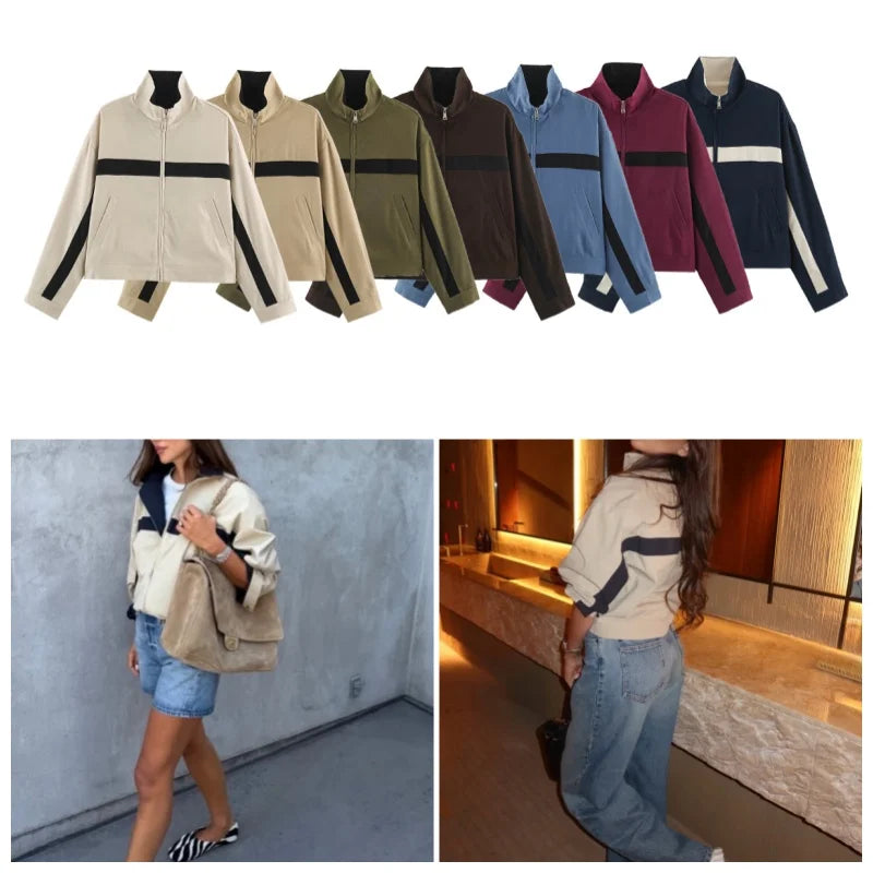 Damenblouson mit Stehkragen, Reißverschluss und kontrastierenden Streifen