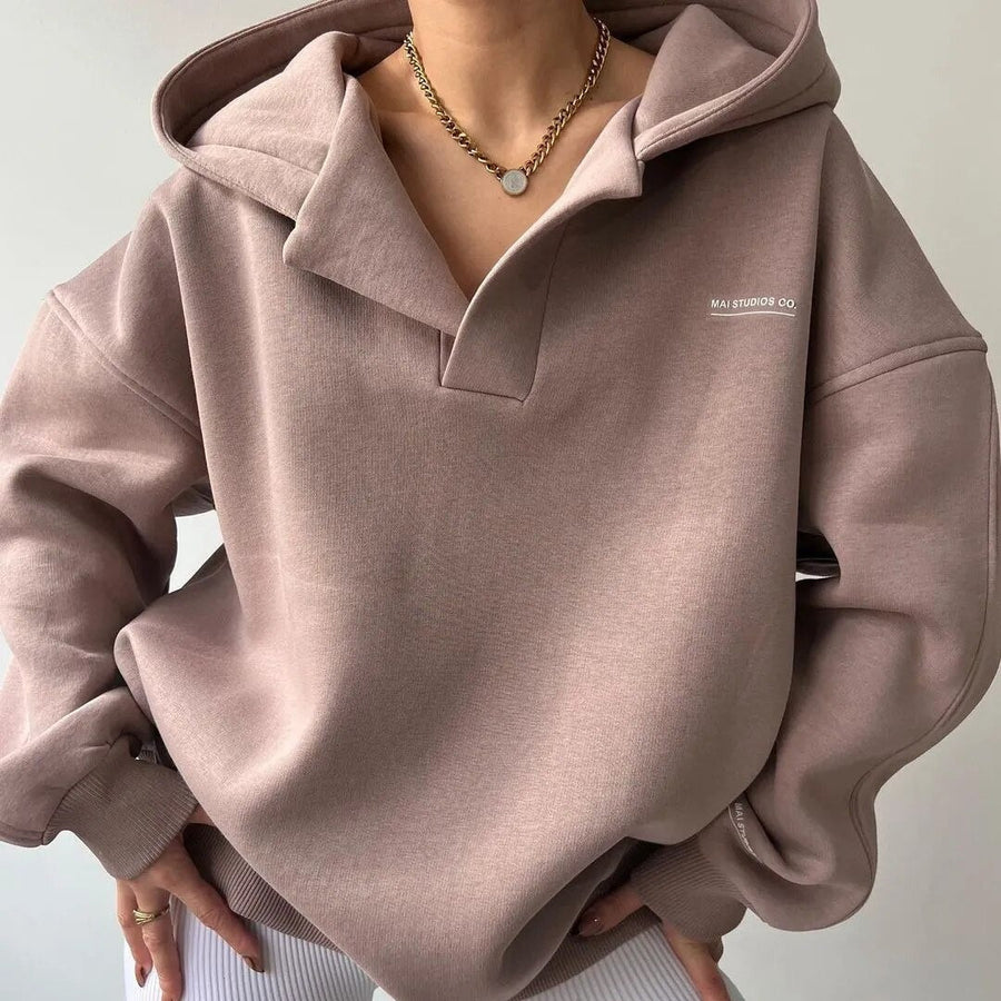 Women's Oversized Hooded Sweatshirt with V-Neck Collar, Pink