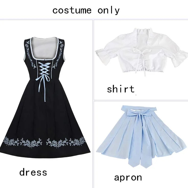 Sort og lyseblå dirndl-kjole med hvid bluse og broderet forklæde