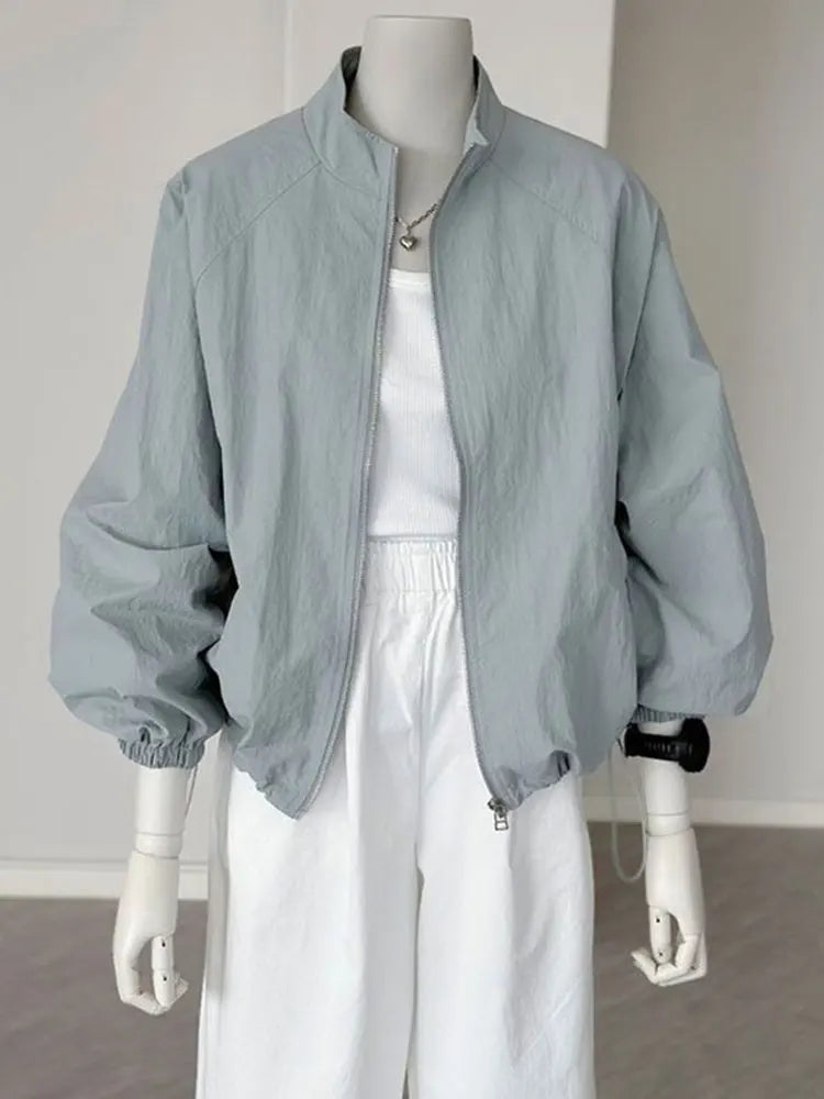 Women's Lightweight High-Collar Zip-Up Jacket with Puff Sleeves