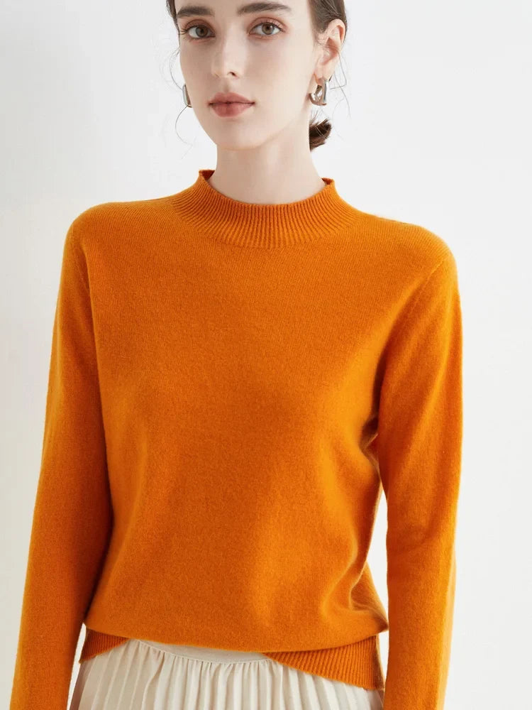 Jersey de punto suave para mujer con cuello alto de canalé y mangas largas
