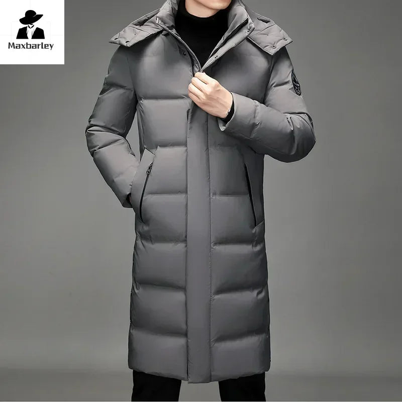Doudoune longue à capuche pour homme avec bordure en fausse fourrure, matelassée et chaude