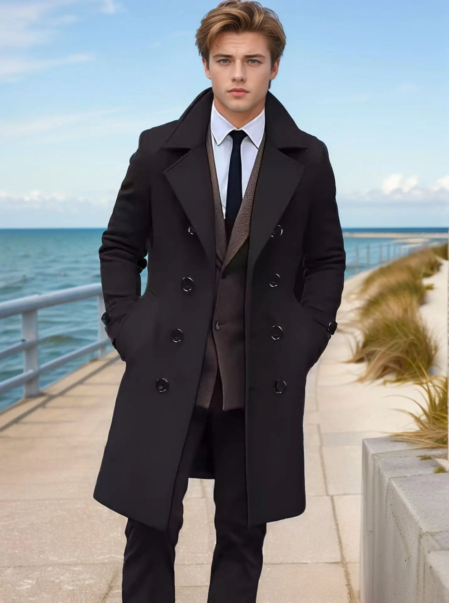 Manteau long homme croisé gris avec col large - Style classique élégant