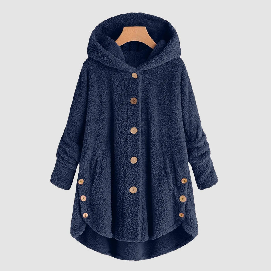Manteau à Capuche Doux Femme, Boutons et Ourlet Asymétrique, Plusieurs Couleurs