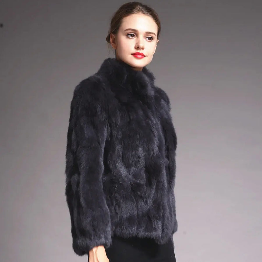 Veste courte femme en fourrure synthétique élégante, col montant, manches longues