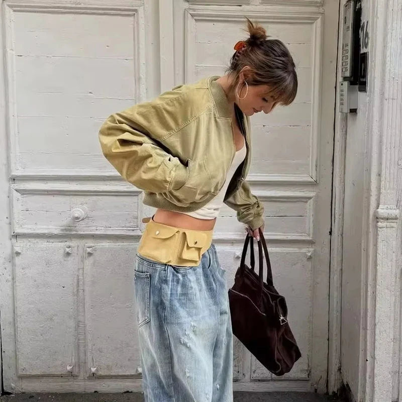 Blouson Bomber Femme Court Vert Kaki Col Relevé Manches Longues