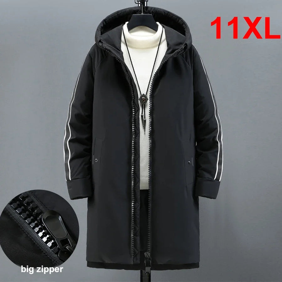 Manteau à capuche homme noir long avec fermeture éclair double et bandes blanches