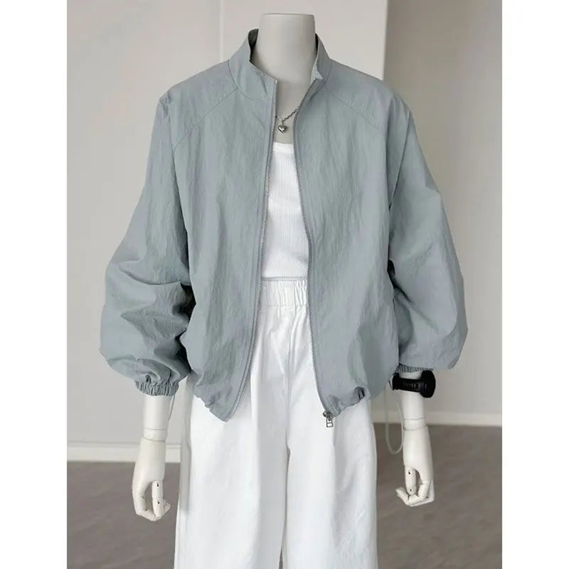 Women's Lightweight High-Collar Zip-Up Jacket with Puff Sleeves