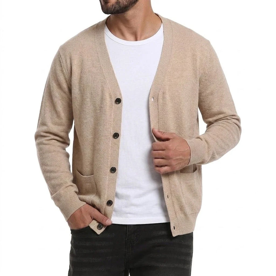 Cardigan da uomo con scollo a V, bottoni, lavorazione a maglia tinta unita, maniche lunghe e tasche