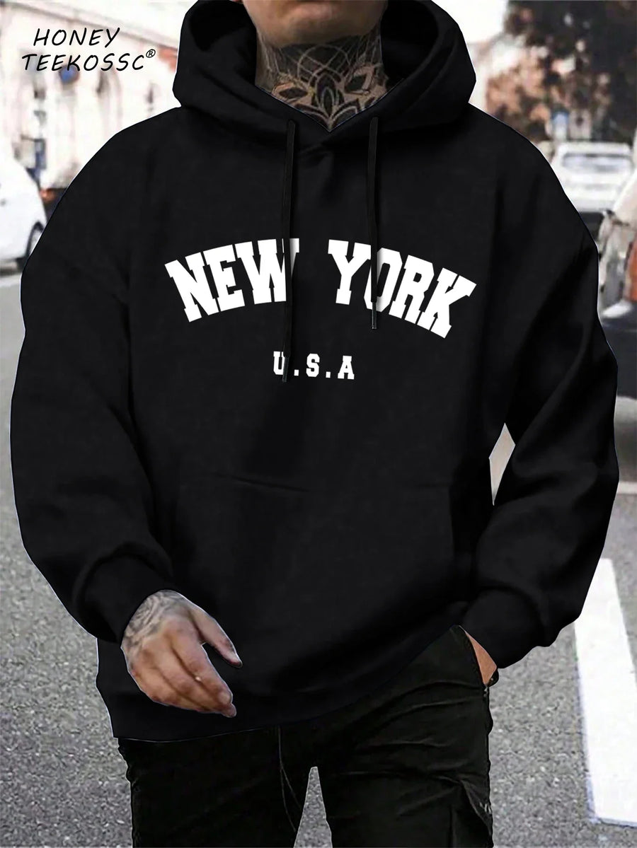 Unisex hættetrøje med New York Brooklyn-basketballprint og kængurulomme