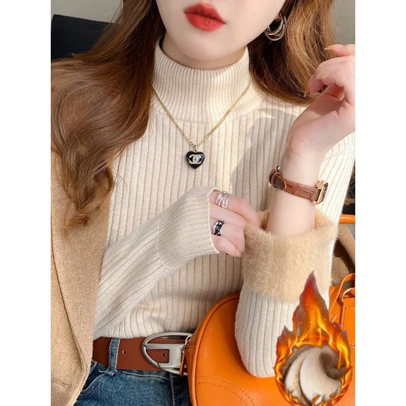 Crop top da donna a coste con collo alto, fodera calda effetto pelliccia