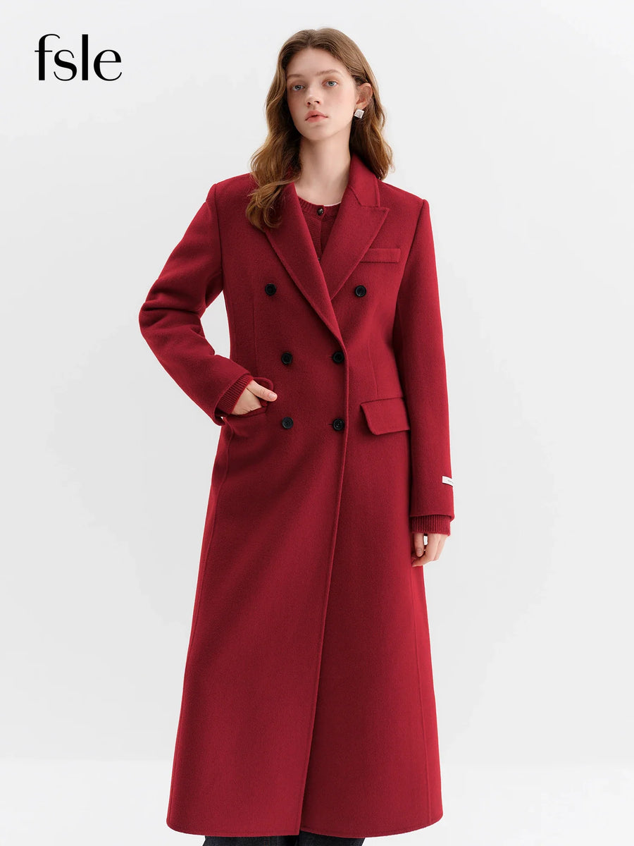 Long women's double-breasted wrap coat in burgundy red