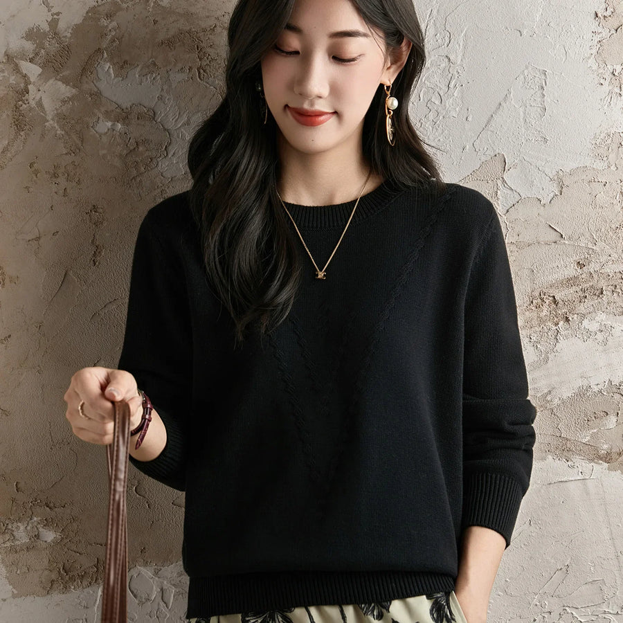 Pull femme en maille légère à col rond et motif en V texturé, manches longues