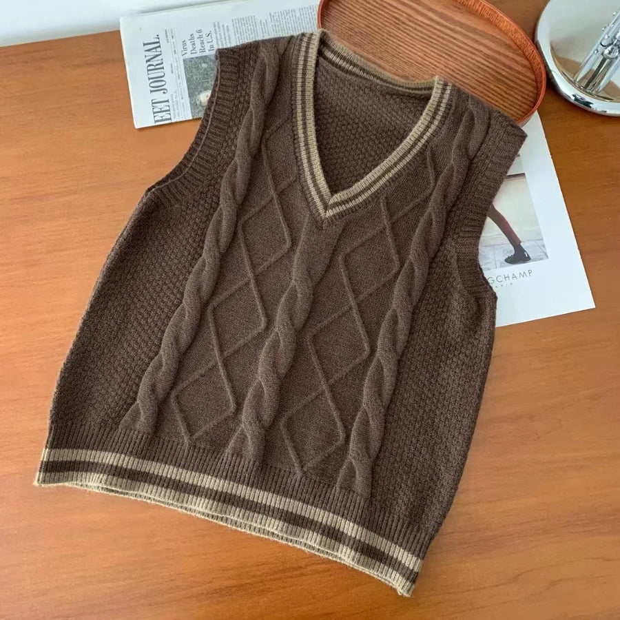 Gilet da donna senza maniche in maglia con scollo a V e motivi a trecce, stile preppy