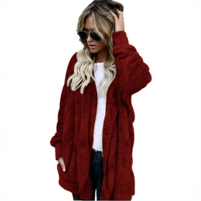 Gilet long femme doux à capuche uni avec poches