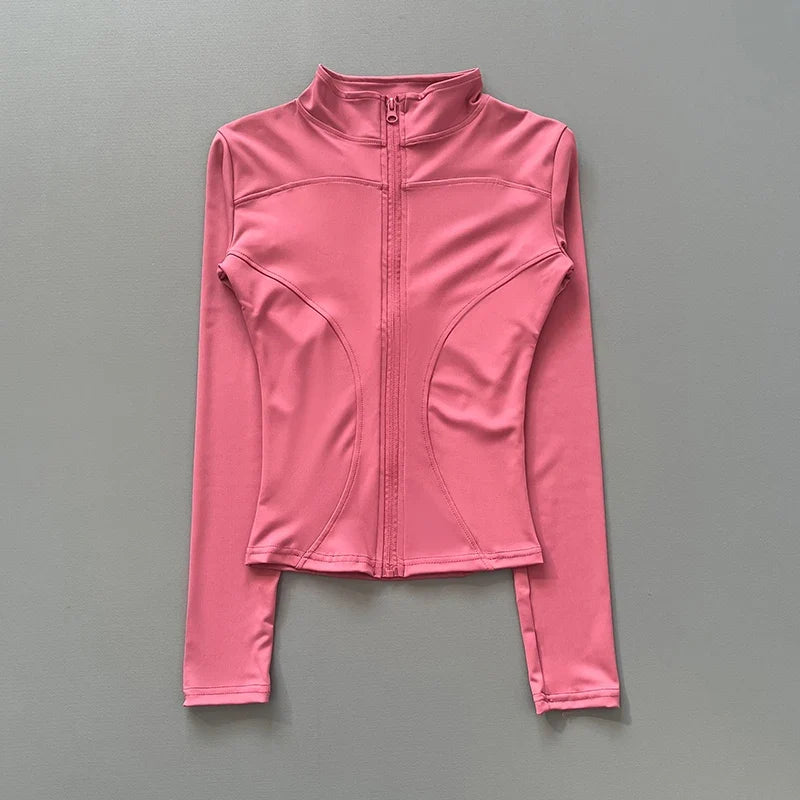 Chaqueta deportiva con cremallera para mujer, cuello alto, mangas largas y orificios para los pulgares, para entrenar