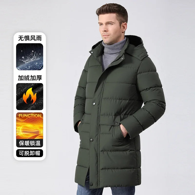 Abrigo largo acolchado de hombre con capucha desmontable, impermeable y cortavientos