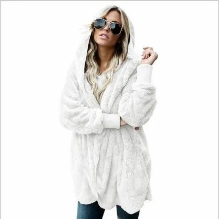 Gilet long femme doux à capuche uni avec poches