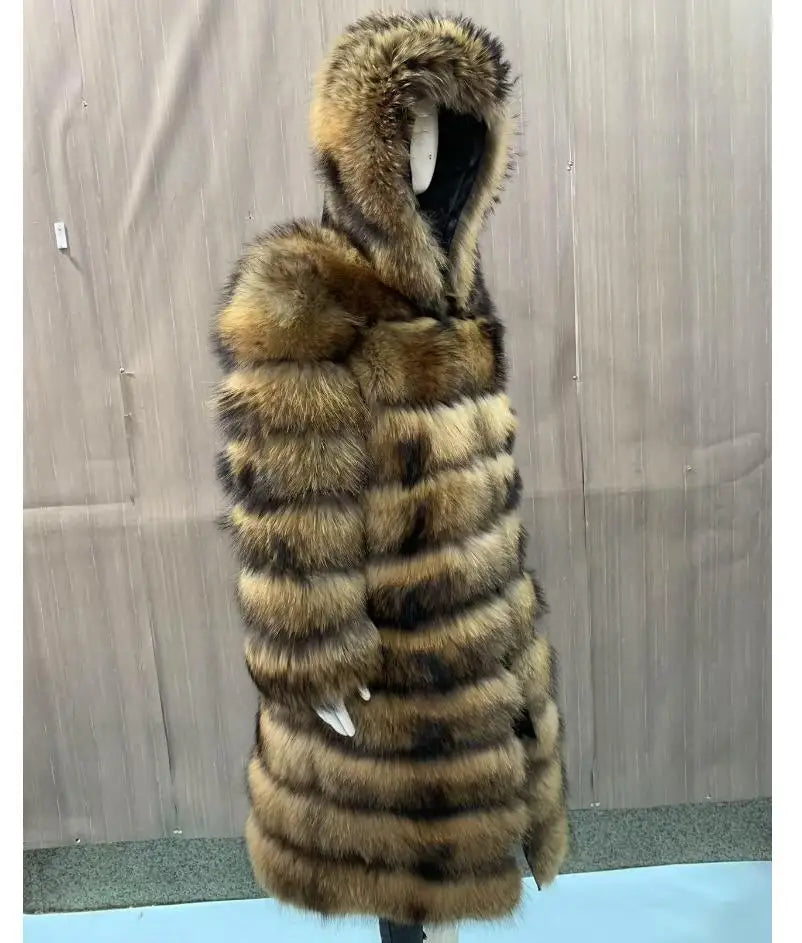 Manteau long à capuche aspect fourrure marron clair et foncé