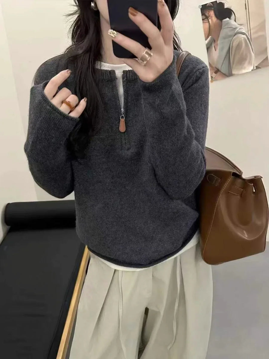Jersey de punto para mujer con cuello redondo y cremallera de un cuarto