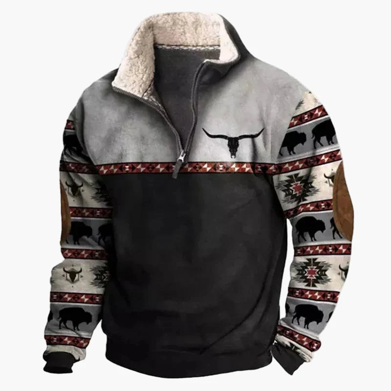 Fleece-trøje med lynlås i western-stil til mænd, ærmer med etniske mønstre, til afslappet brug