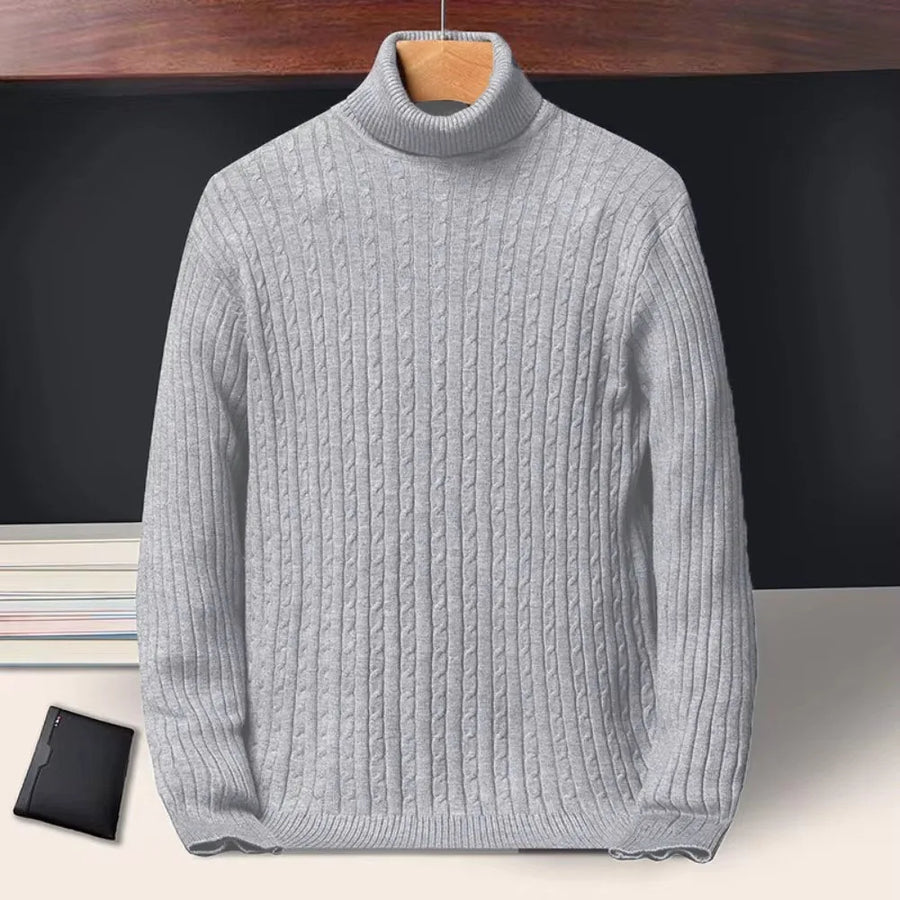 Pull Col Roulé Homme Torsadé Tricoté Couleur Unie Manches Longues