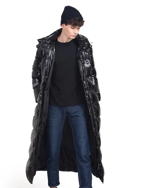 Men's long shiny black hooded puffer coat