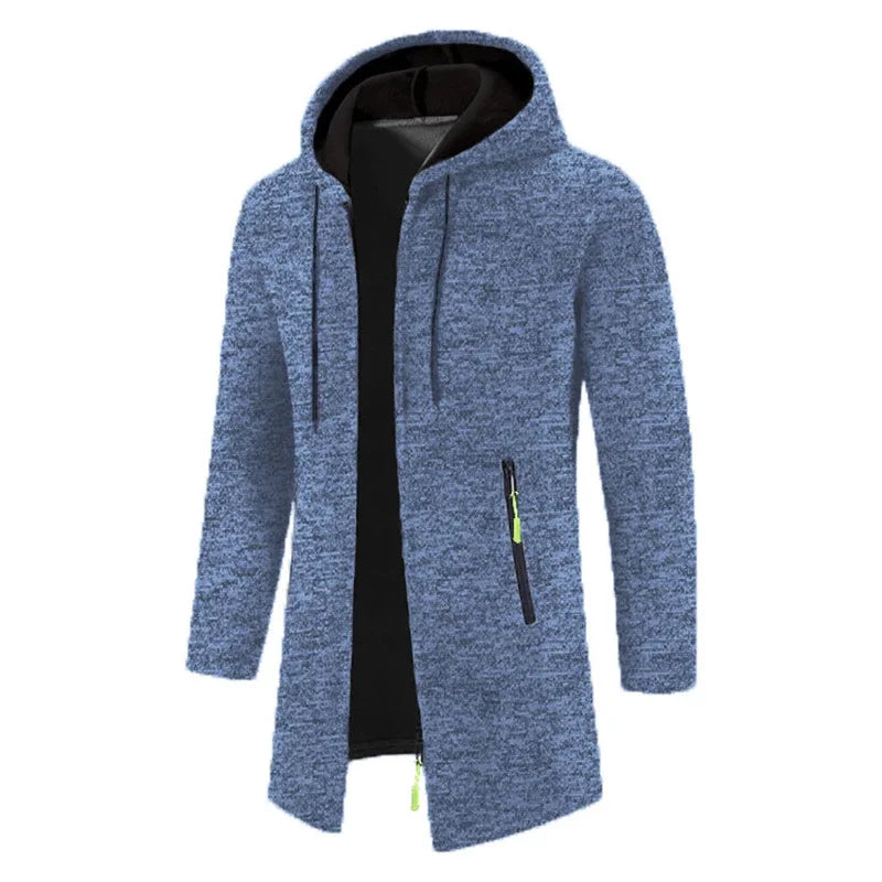 Manteau long homme style cardigan à capuche mélangée avec poches zippées