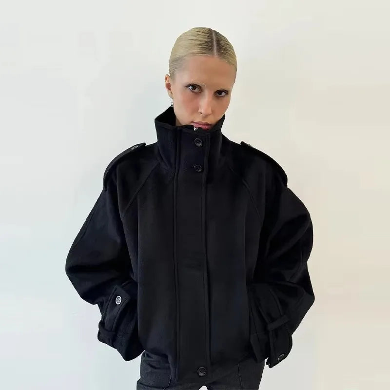 Veste courte ample à col montant pour femme, gris foncé, coupe oversize