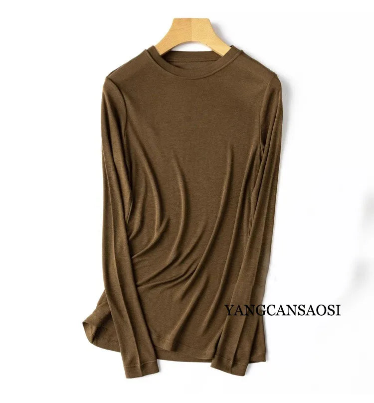 Camiseta lisa de manga larga para mujer con cuello redondo o vuelto