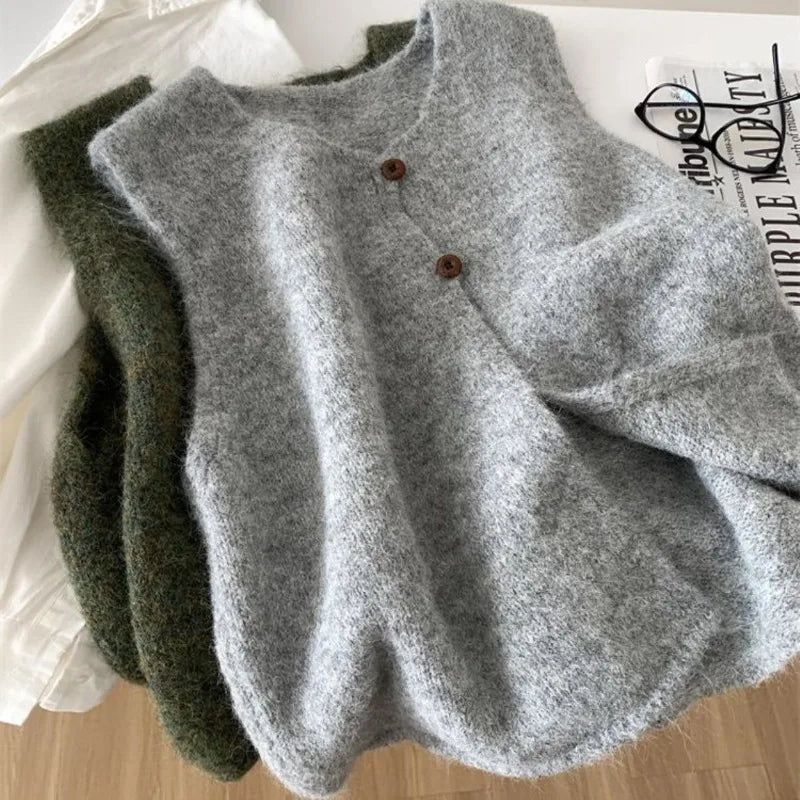 Gilet sans manches en maille col V pour femme, boutons décoratifs