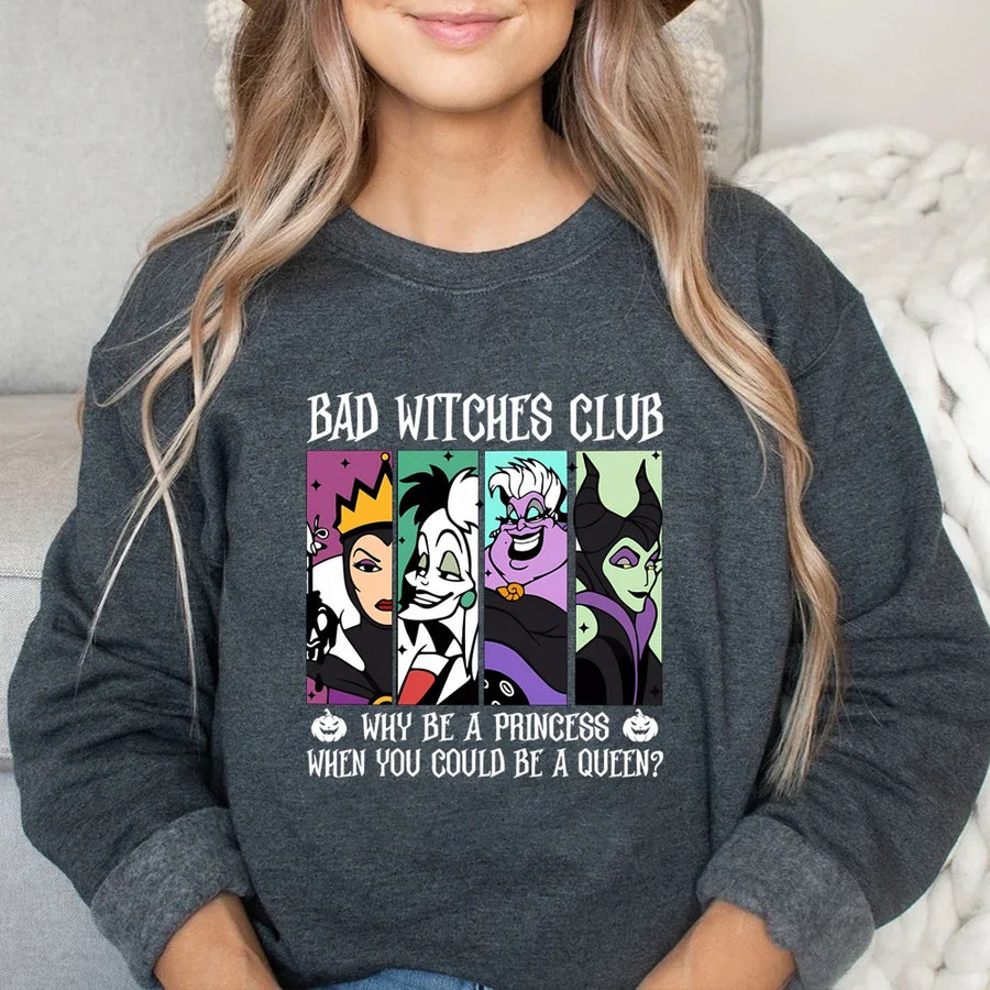 Damska bluza z okrągłym dekoltem i nadrukiem „Bad Witches Club”, z długimi rękawami, casualowa