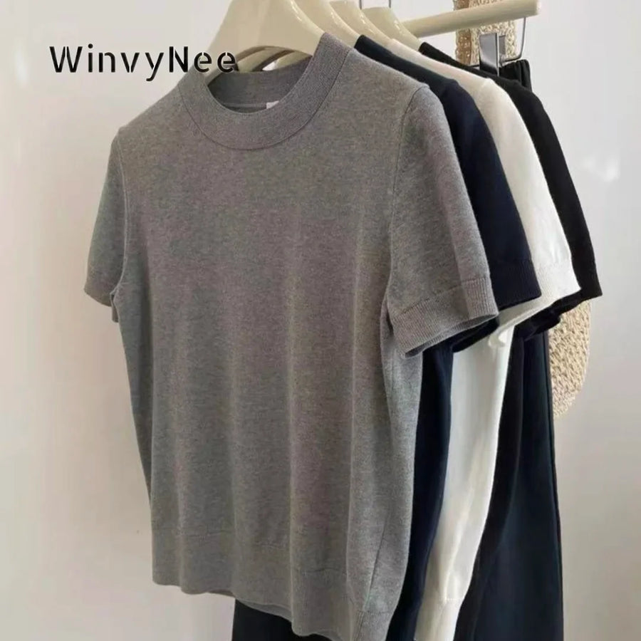 Women's solid-color short-sleeve knit T-shirt with a high neck