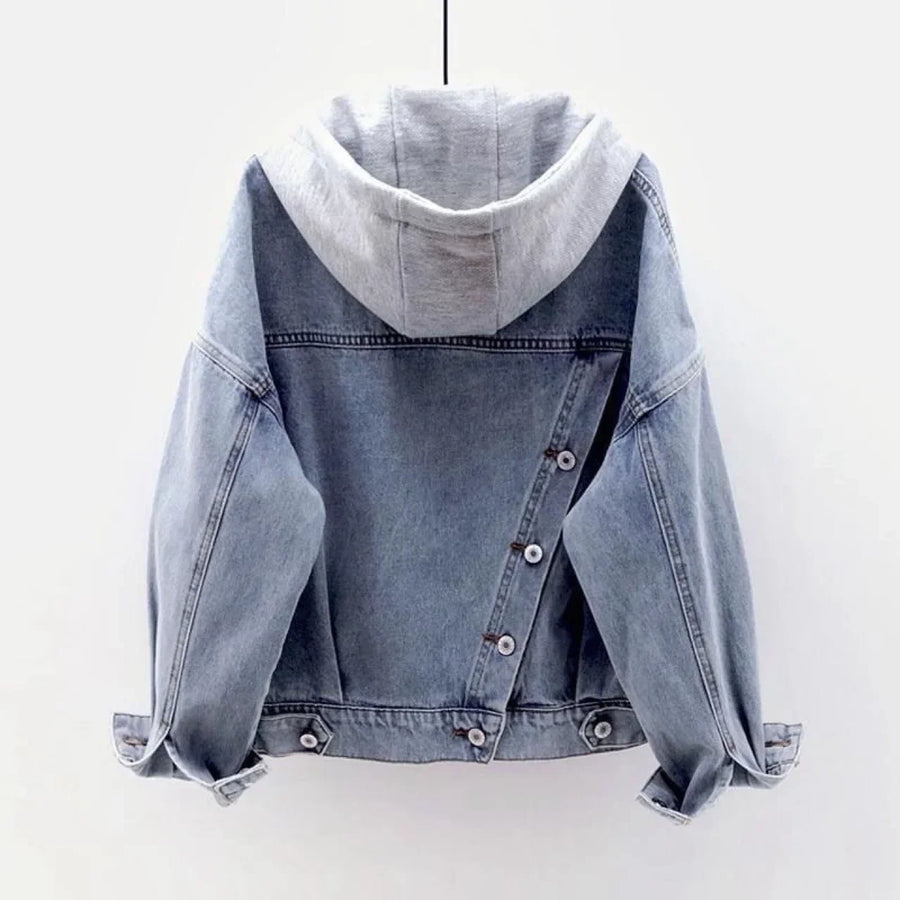 Women's Gray Washed Denim Jacket with Integrated Hood