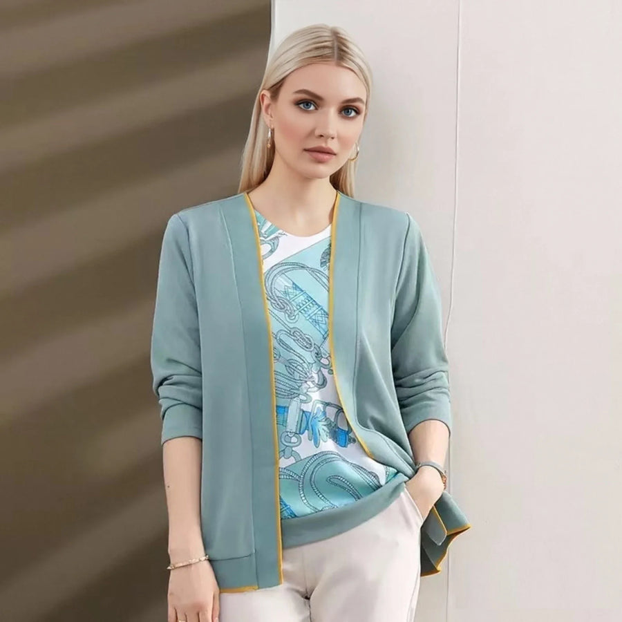 Damesæt med åben cardigan og mønstret top, beige