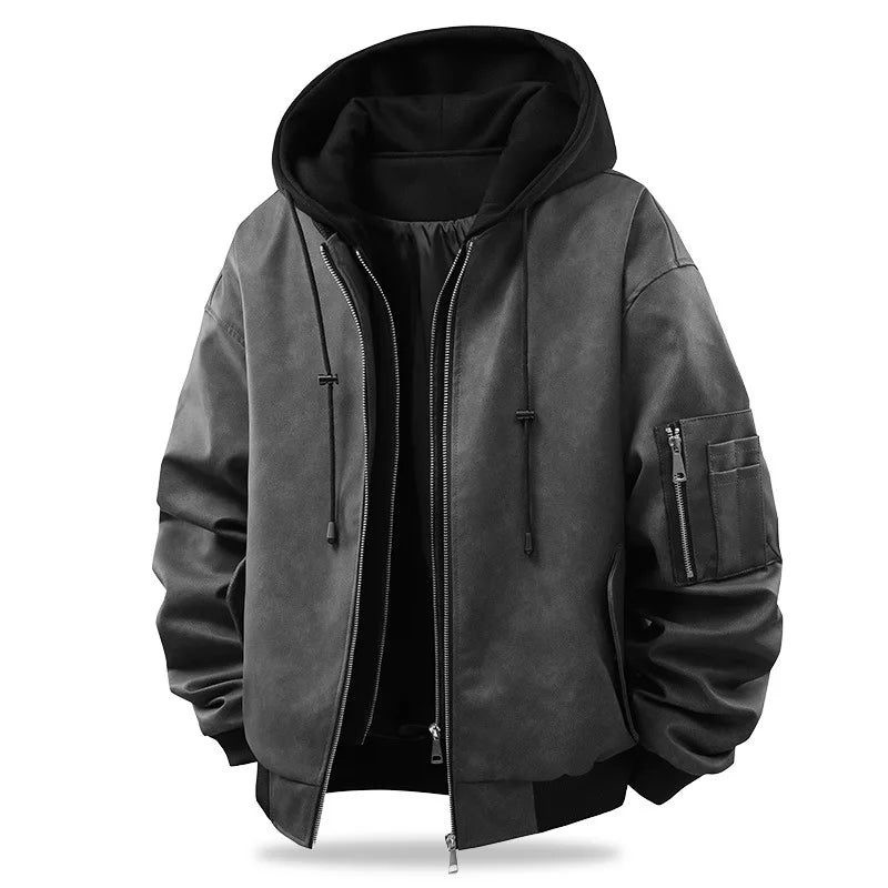 Veste Bomber Homme Capuche Noire Fermeture Éclair Manches Longues